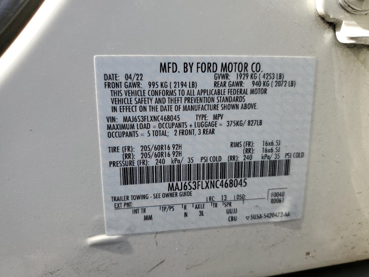 2022 Ford Ecosport S VIN: MAJ6S3FLXNC468045 Lot: 62878784