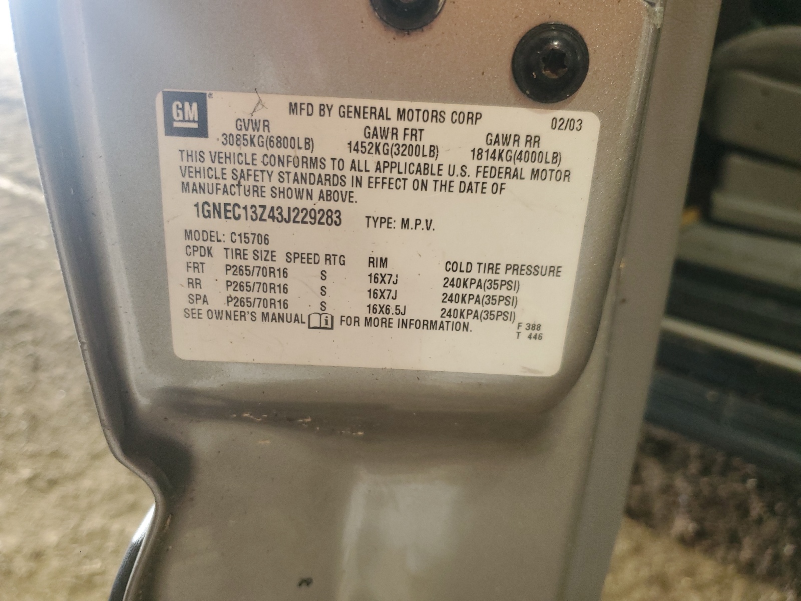 1GNEC13Z43J229283 2003 Chevrolet Tahoe C1500