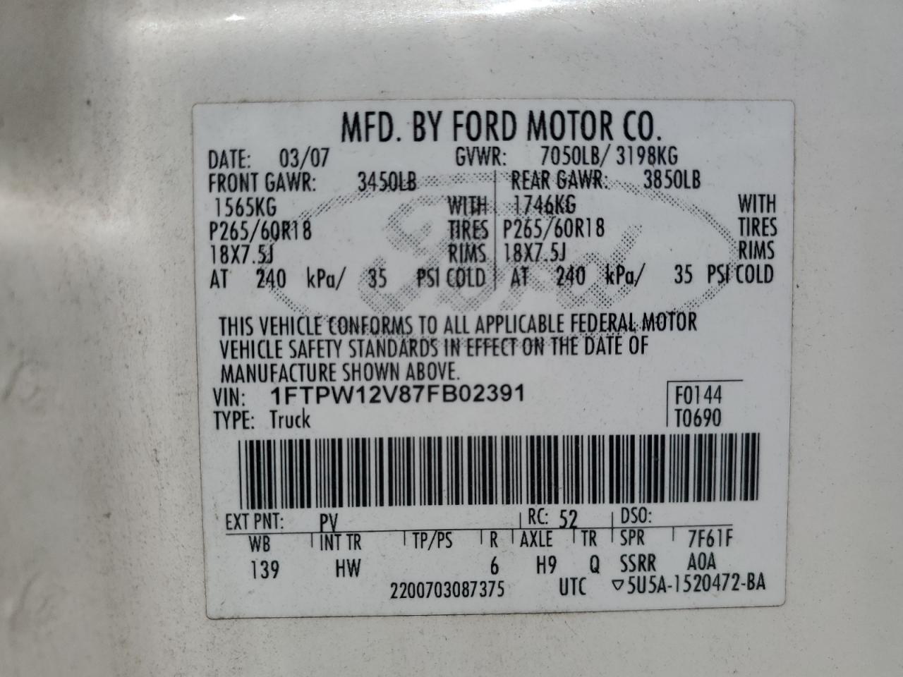 2007 Ford F150 Supercrew VIN: 1FTPW12V87FB02391 Lot: 65358214