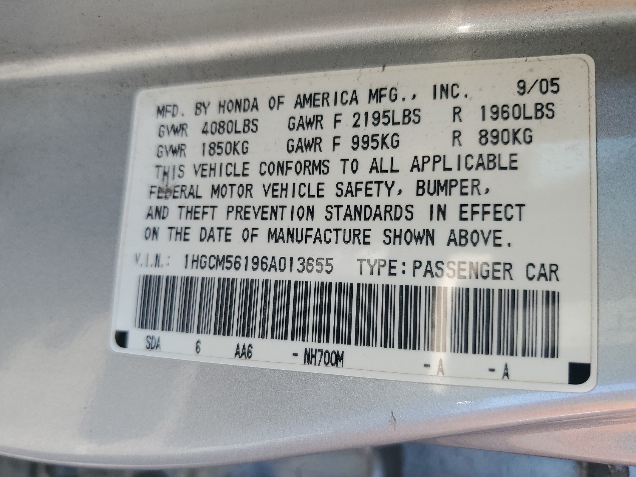 1HGCM56196A013655 2006 Honda Accord Value