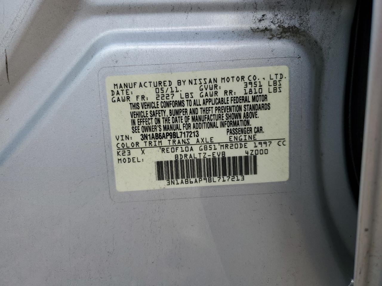 2011 Nissan Sentra 2.0 VIN: 3N1AB6AP9BL717213 Lot: 63648144