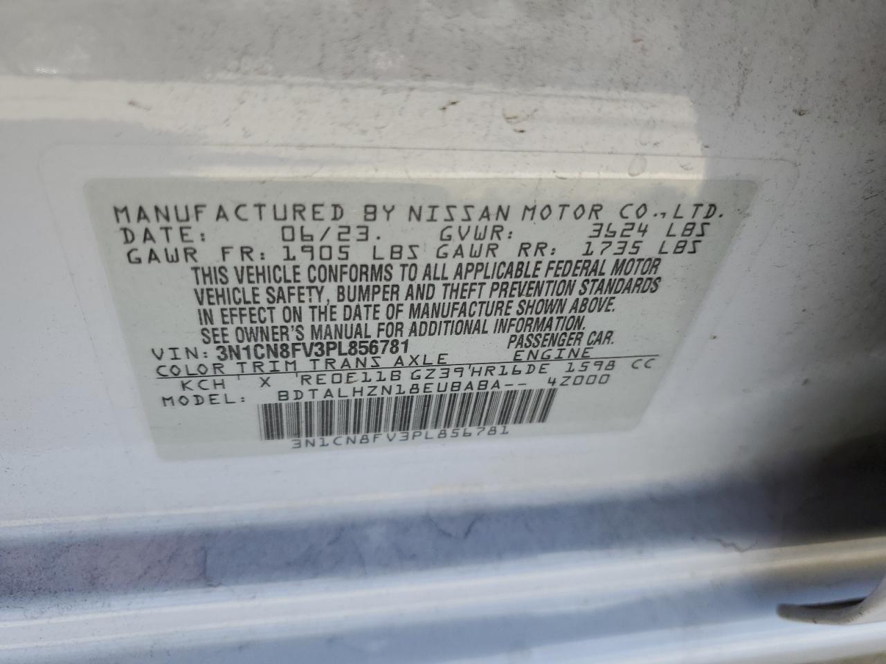 2023 Nissan Versa Sr VIN: 3N1CN8FV3PL856781 Lot: 62147784