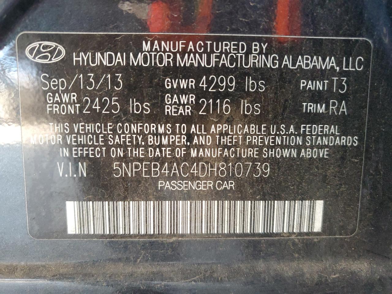 2013 Hyundai Sonata Gls VIN: 5NPEB4AC4DH810739 Lot: 61746704