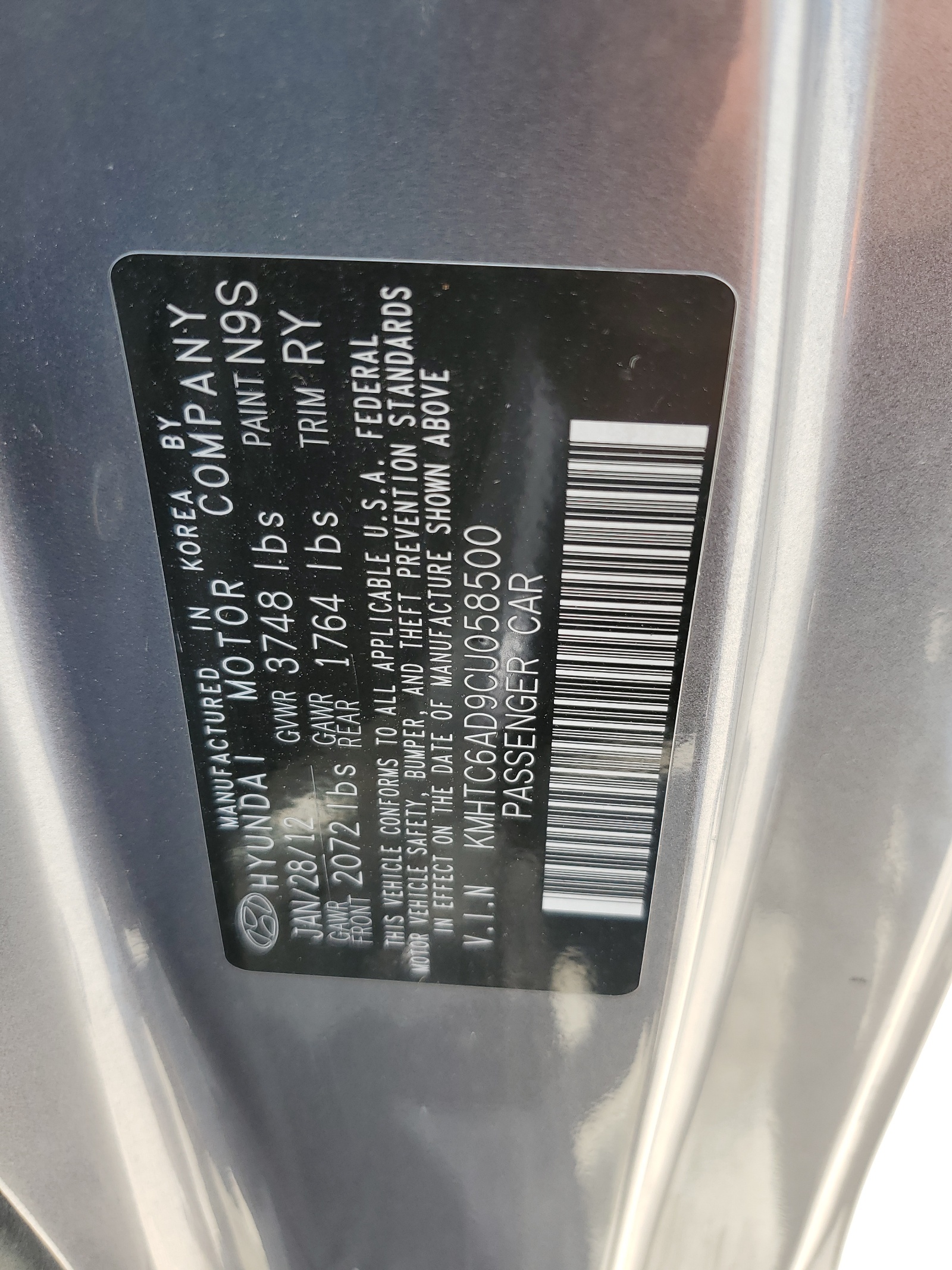 KMHTC6AD9CU058500 2012 Hyundai Veloster