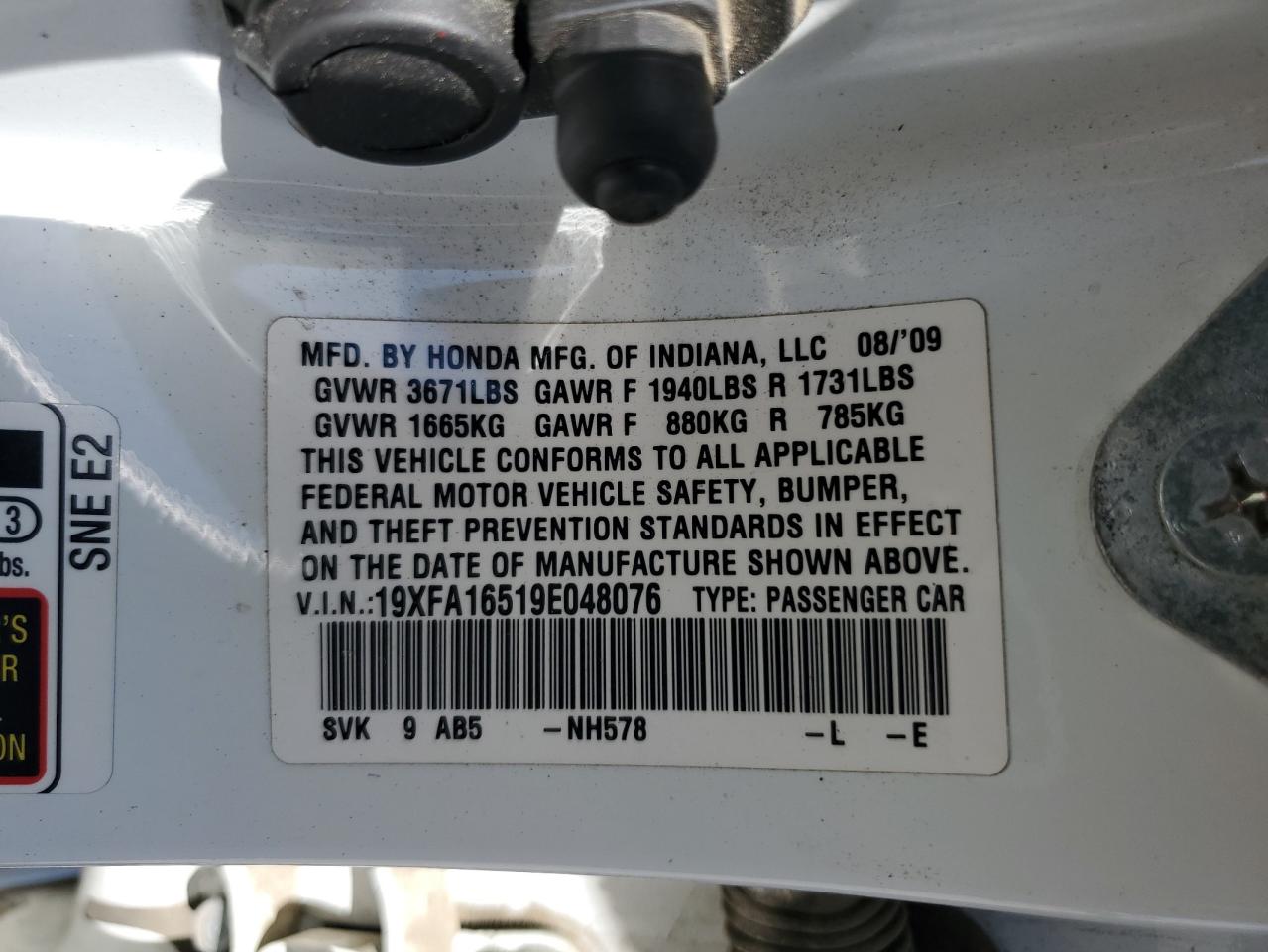 2009 Honda Civic Lx VIN: 19XFA16519E048076 Lot: 65019984