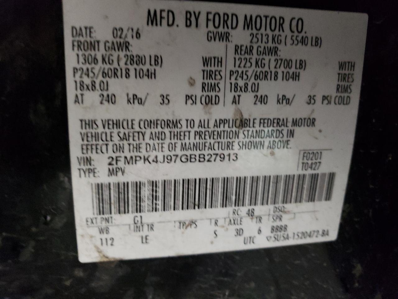 2016 Ford Edge Sel VIN: 2FMPK4J97GBB27913 Lot: 65247674