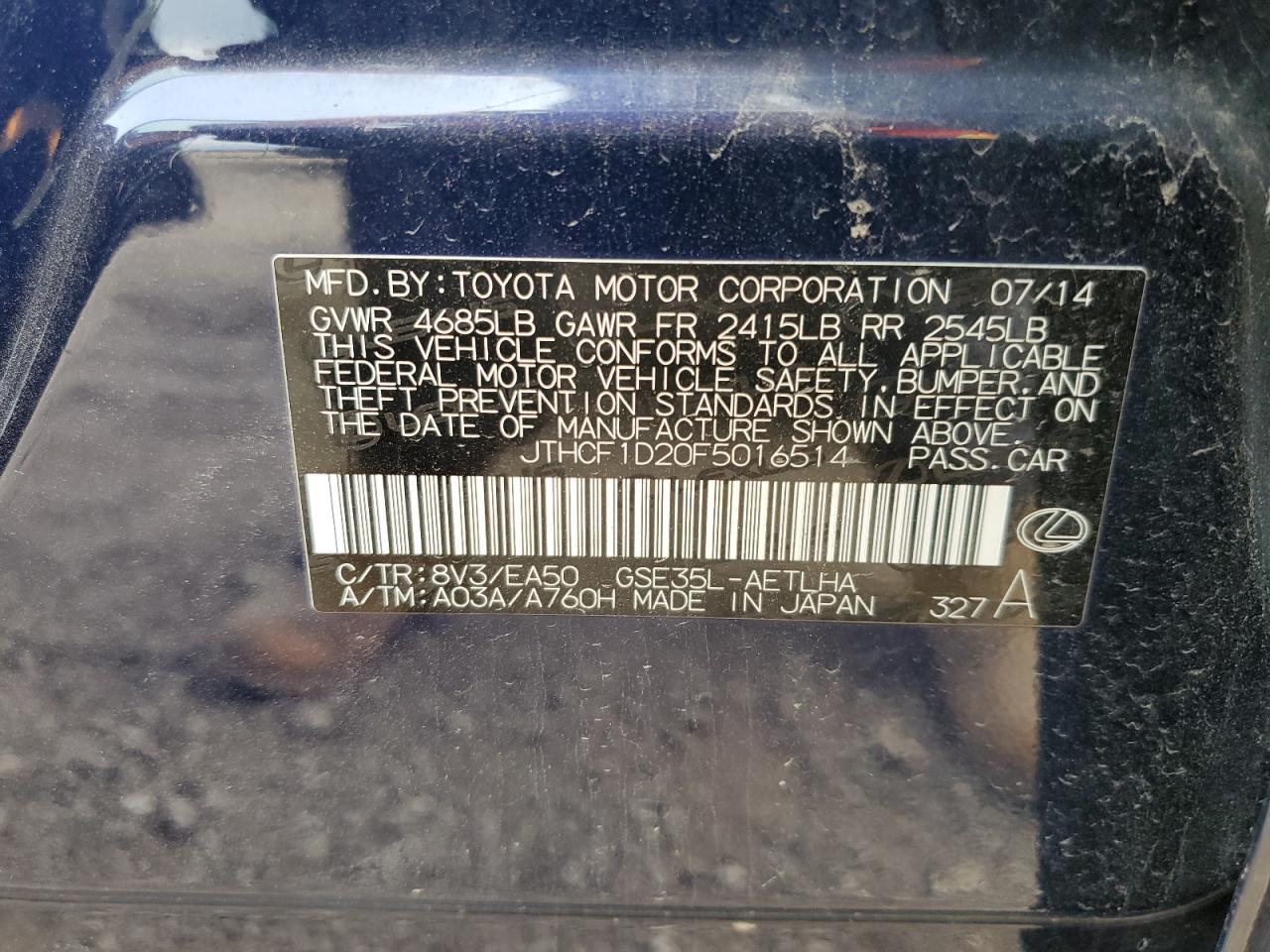 2015 Lexus Is 250 VIN: JTHCF1D20F5016514 Lot: 64447194