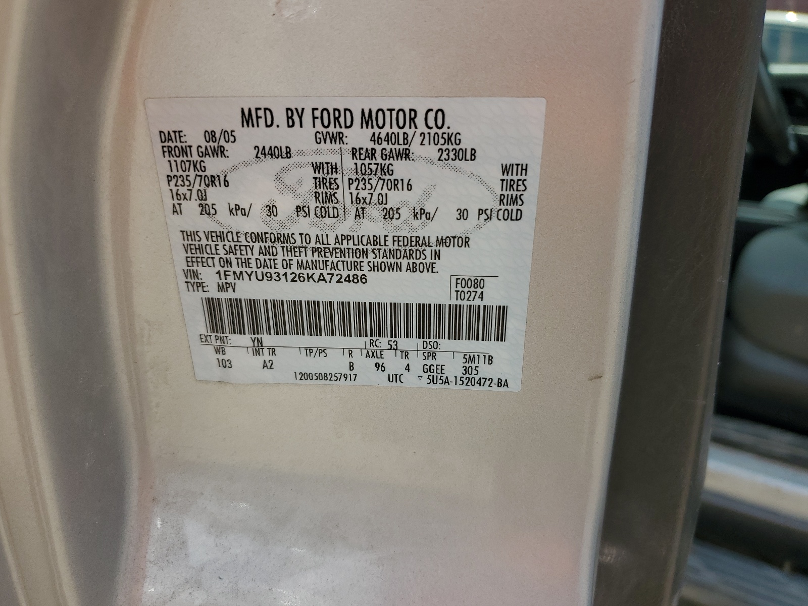 1FMYU93126KA72486 2006 Ford Escape Xlt