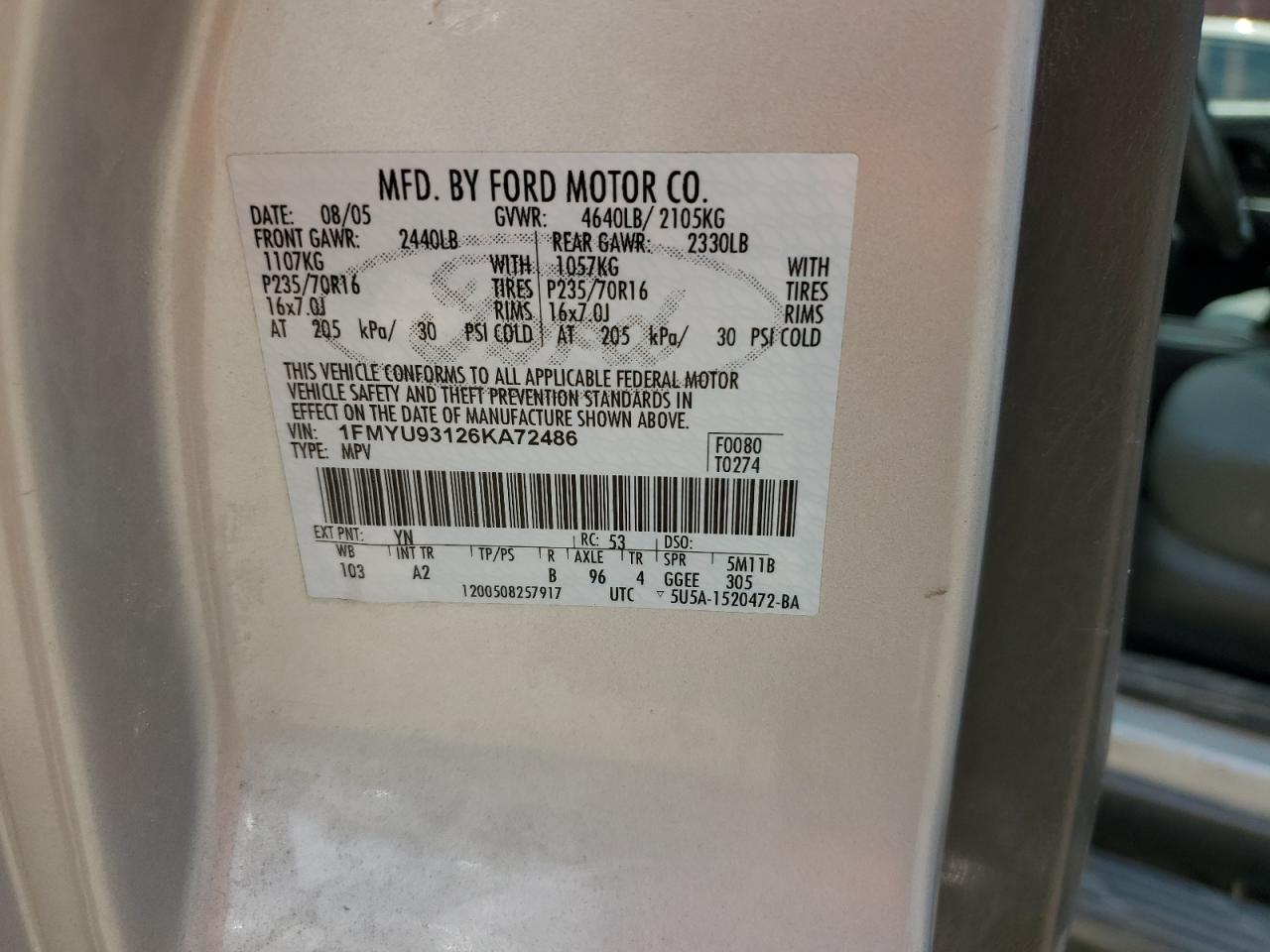 2006 Ford Escape Xlt VIN: 1FMYU93126KA72486 Lot: 62820174