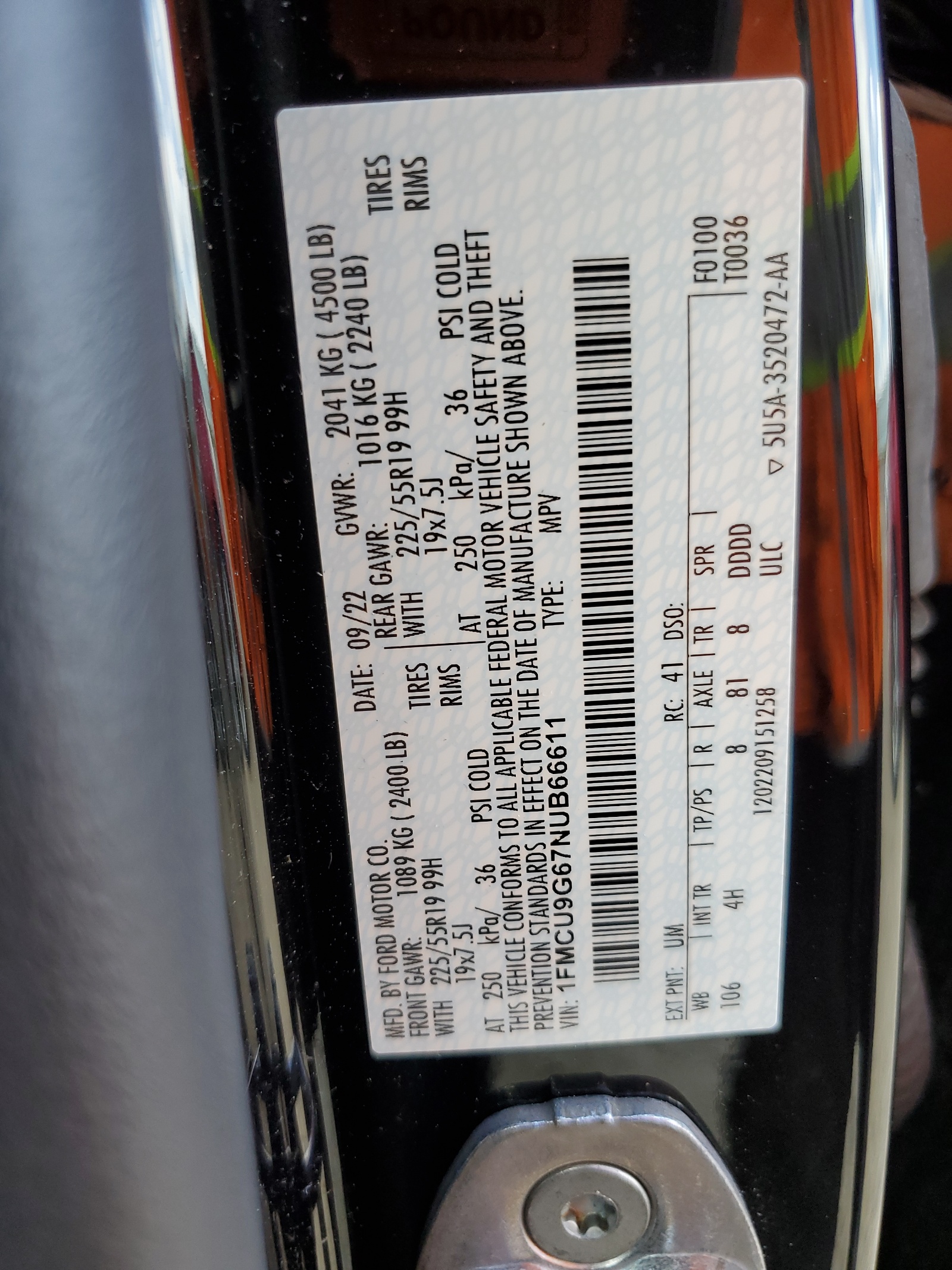 1FMCU9G67NUB66611 2022 Ford Escape Se