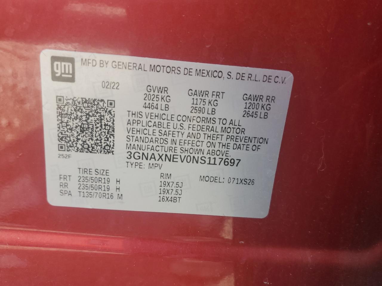 3GNAXNEV0NS117697 2022 Chevrolet Equinox Premier