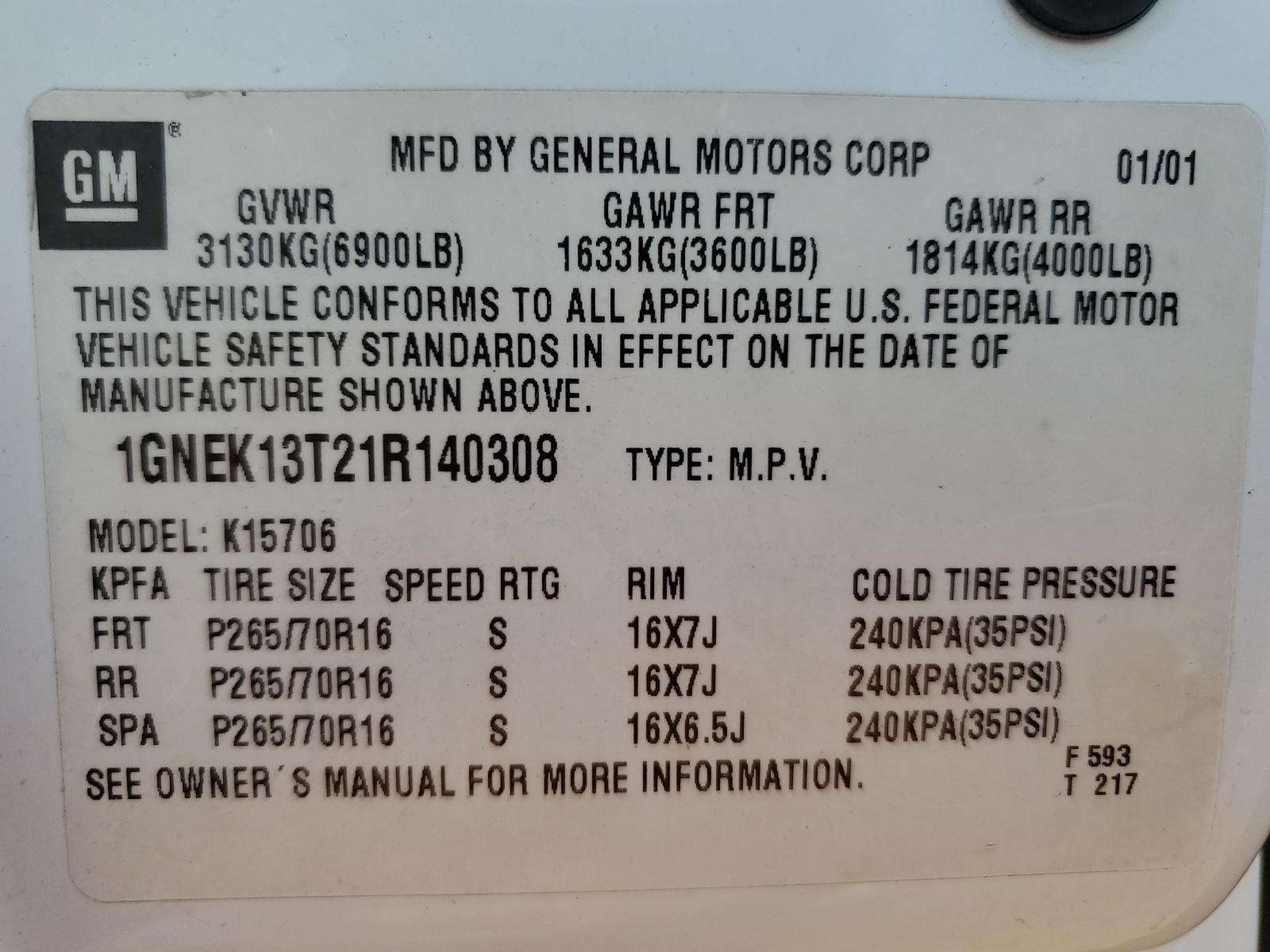 1GNEK13T21R140308 2001 Chevrolet Tahoe K1500