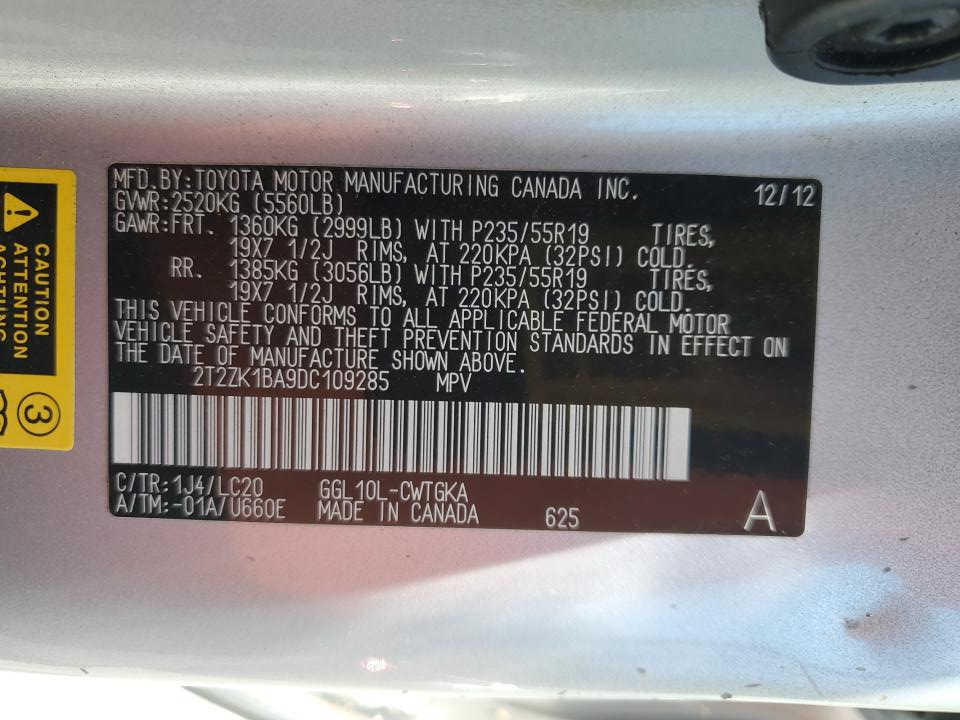 2T2ZK1BA9DC109285 2013 Lexus Rx 350