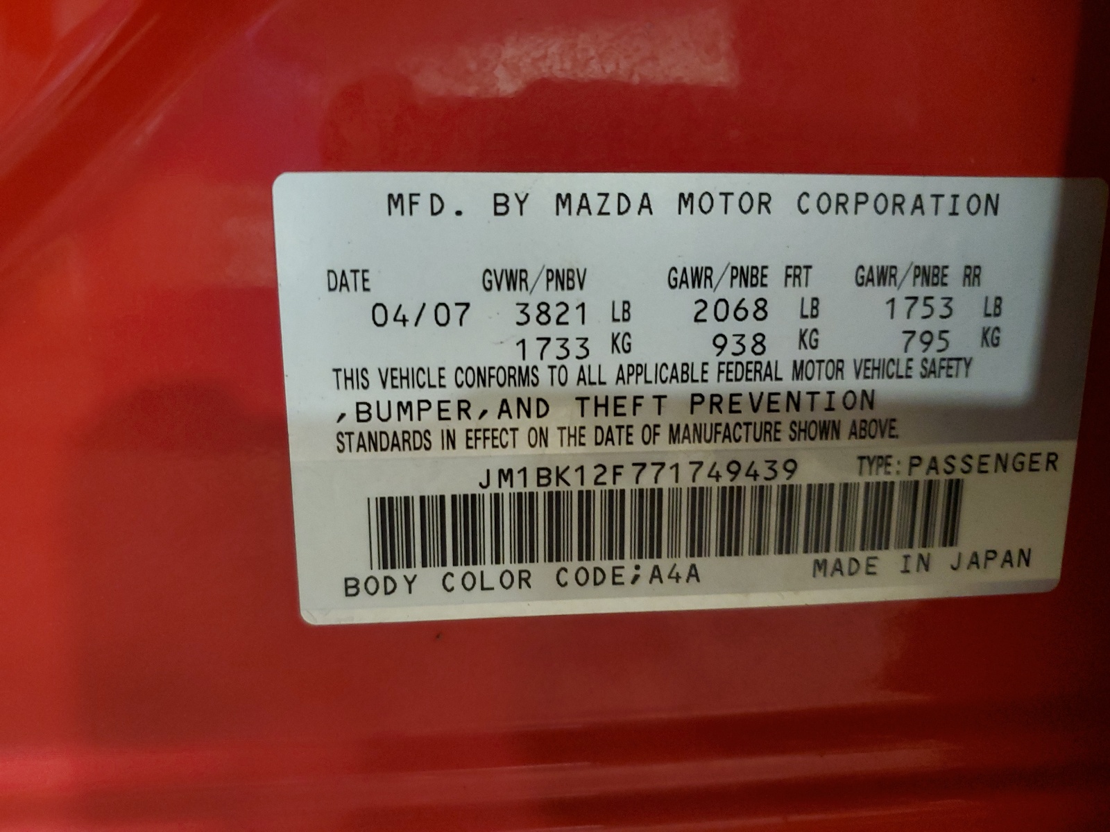 JM1BK12F771749439 2007 Mazda 3 I