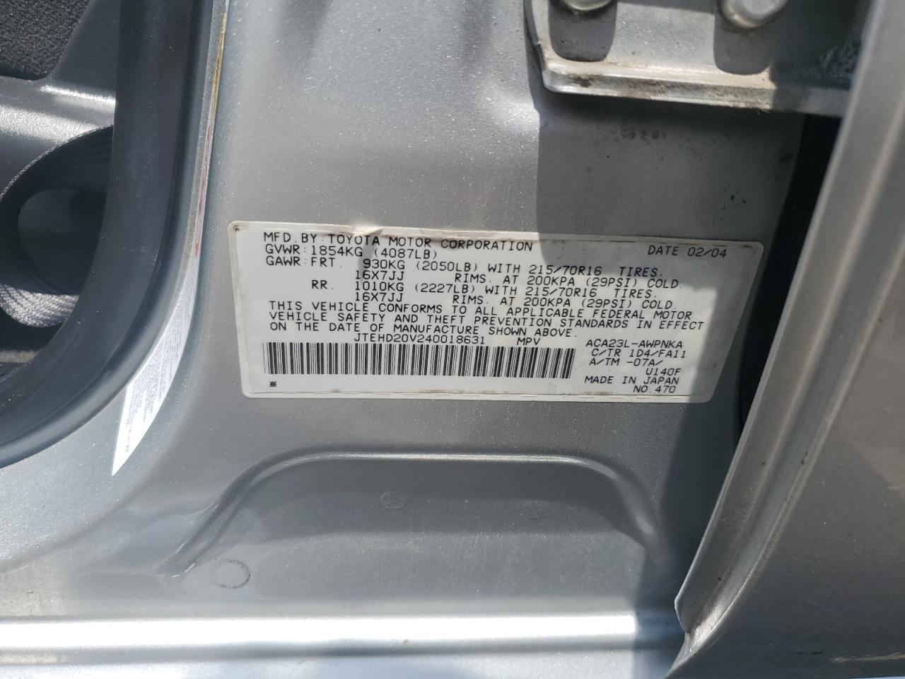 2004 Toyota Rav4 VIN: JTEHD20V240018631 Lot: 61904654