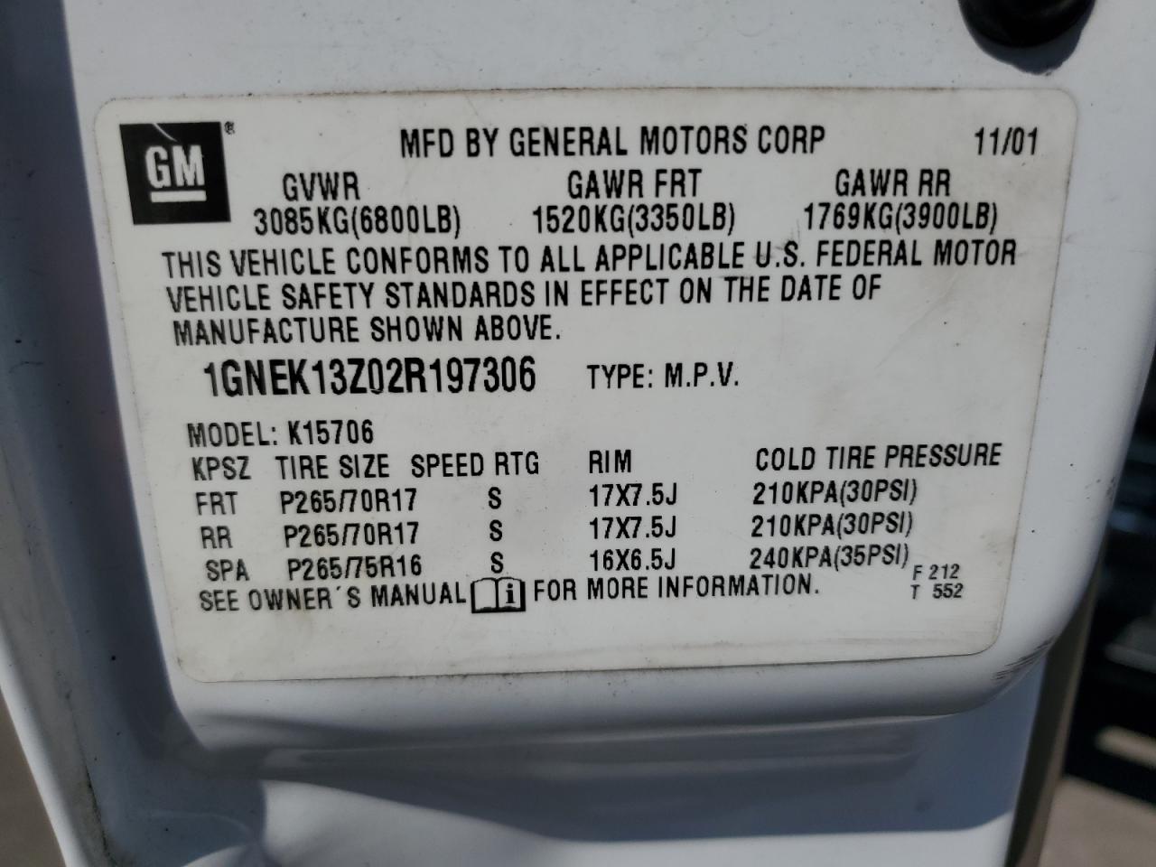 2002 Chevrolet Tahoe K1500 VIN: 1GNEK13Z02R197306 Lot: 54985964