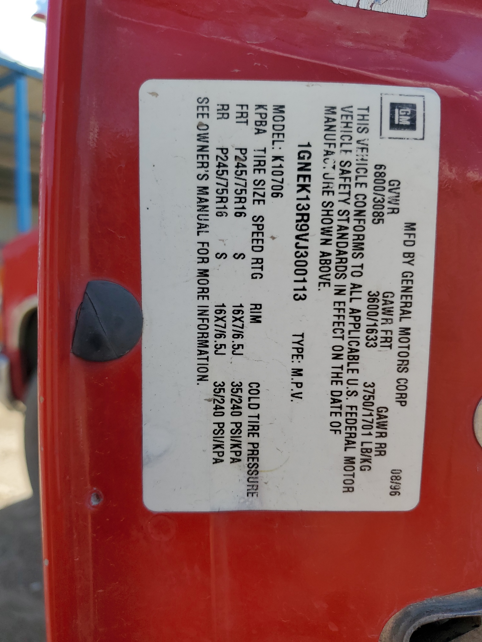 1gnek13r9vj300113 1GNEK13R9VJ300113 1997 Chevrolet Tahoe K1500