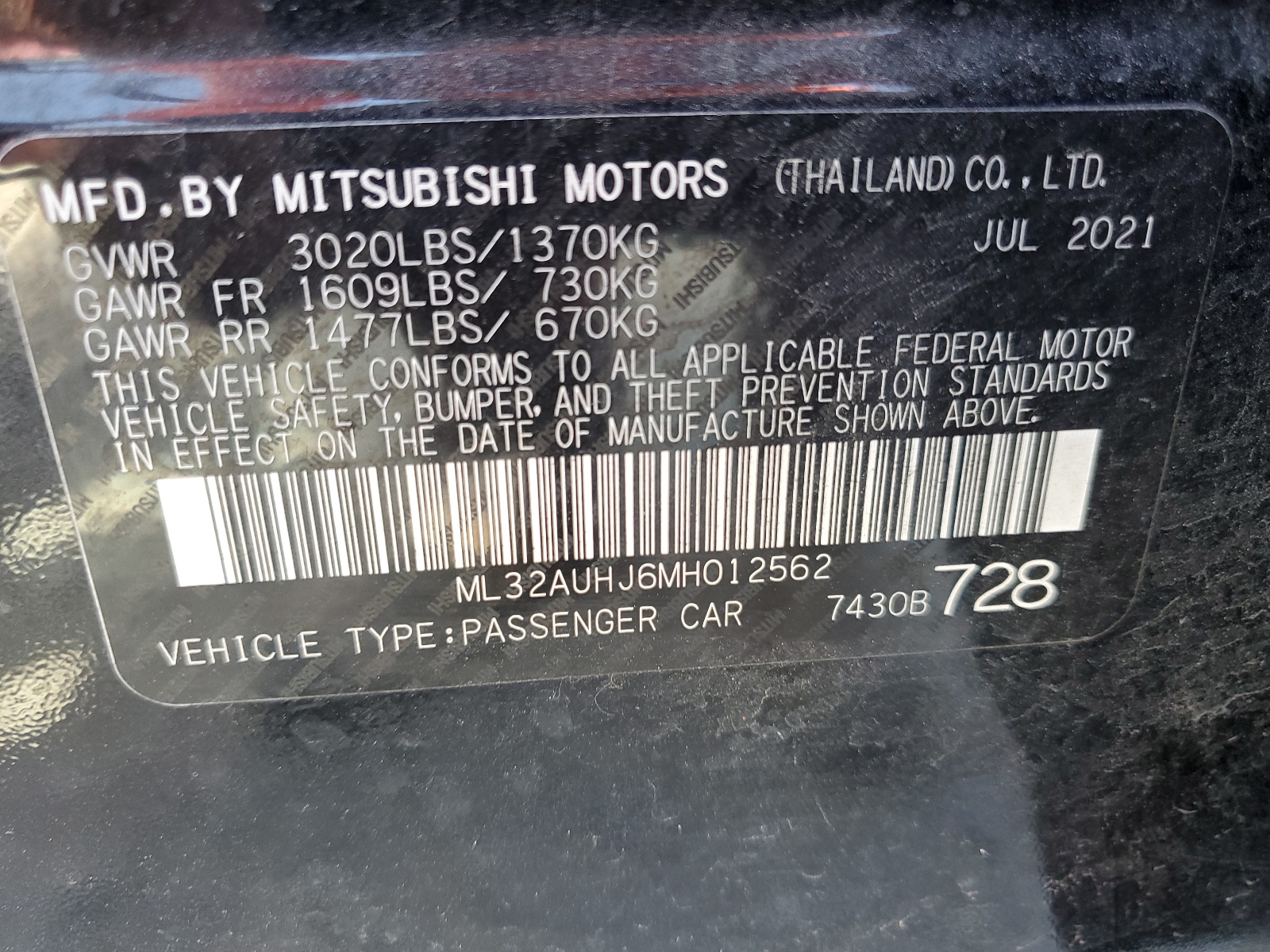 ML32AUHJ6MH012562 2021 Mitsubishi Mirage Es