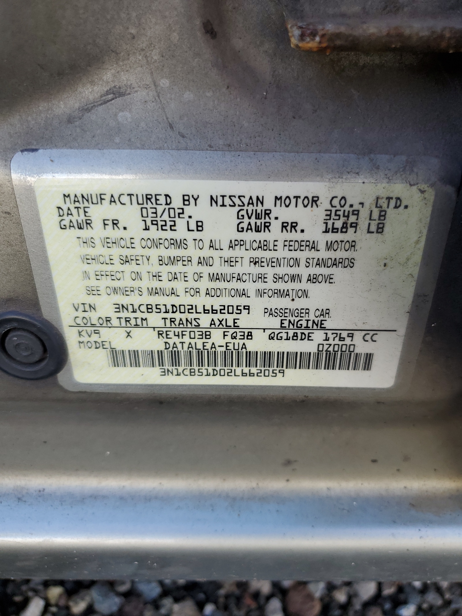 3N1CB51D02L662059 2002 Nissan Sentra Xe