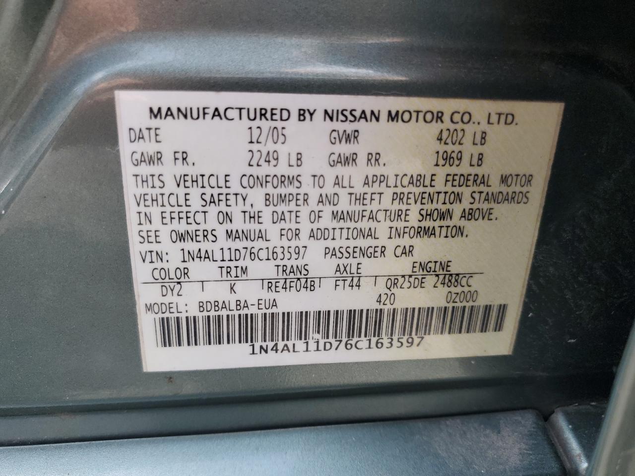 1N4AL11D76C163597 2006 Nissan Altima S