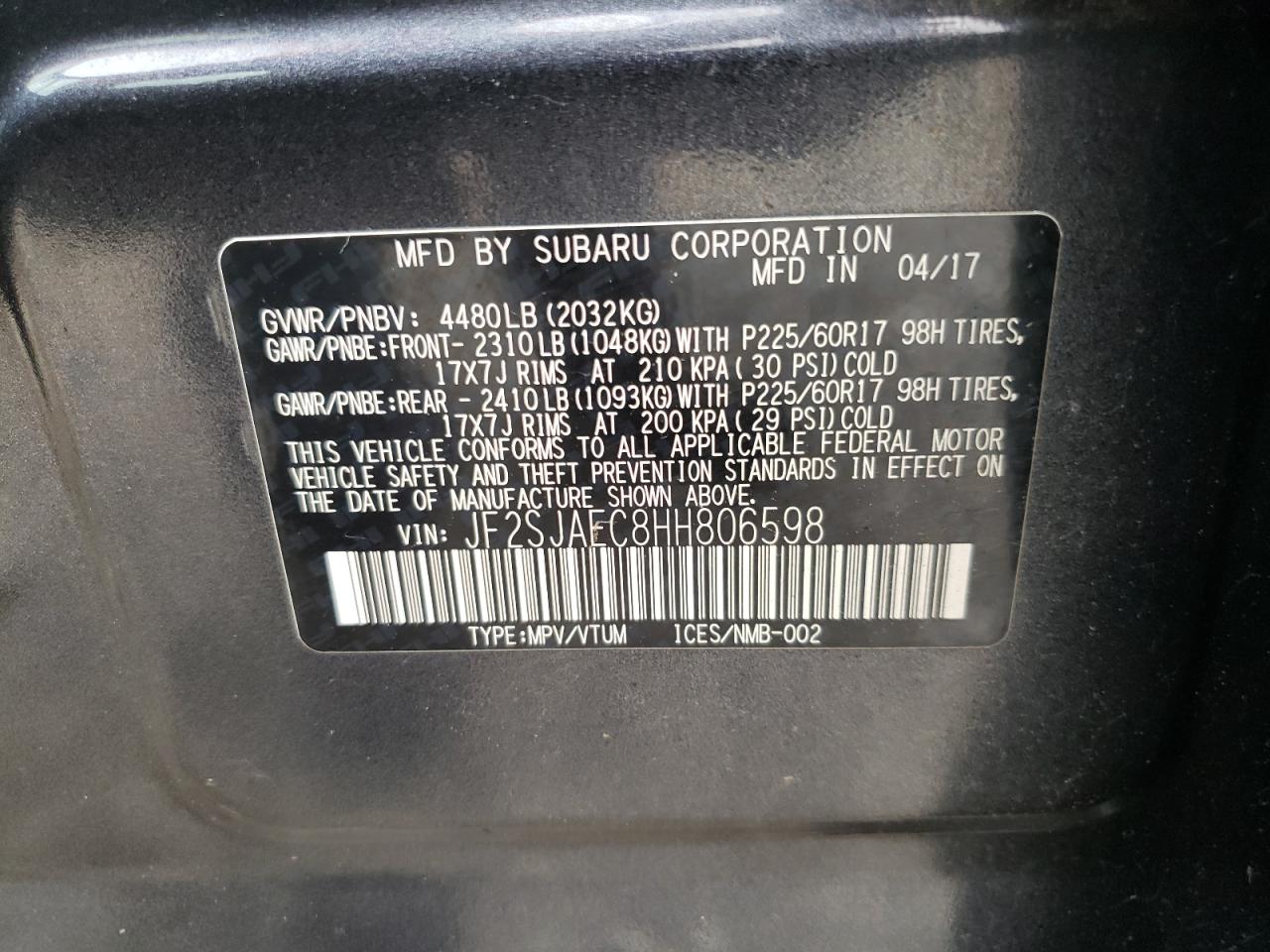 2017 Subaru Forester 2.5I Premium VIN: JF2SJAEC8HH806598 Lot: 64589504