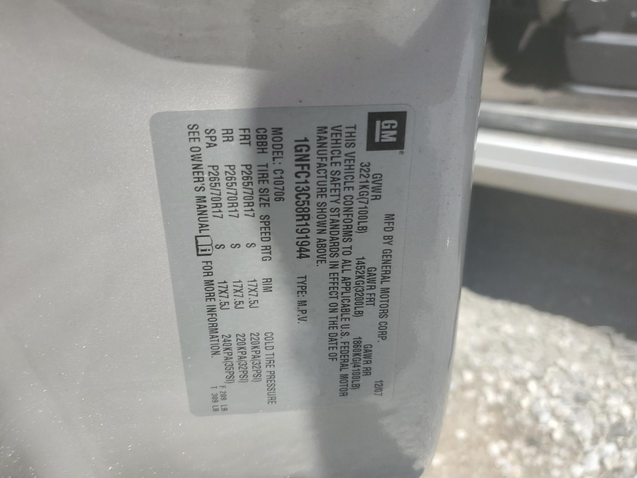 2008 Chevrolet Tahoe C1500 VIN: 1GNFC13C58R191944 Lot: 63086354