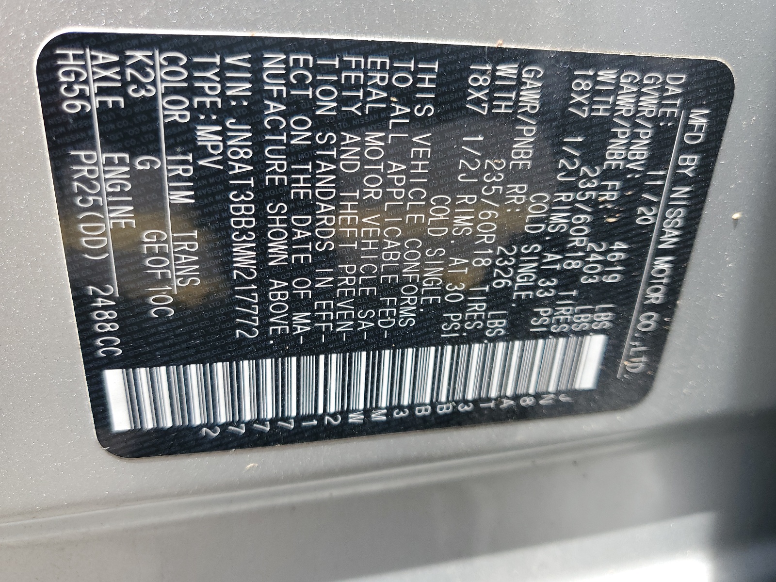 JN8AT3BB3MW217772 2021 Nissan Rogue Sv