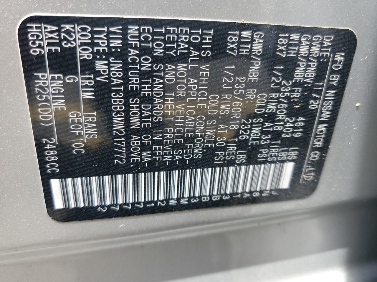 2021 Nissan Rogue Sv VIN: JN8AT3BB3MW217772 Lot: 58339084