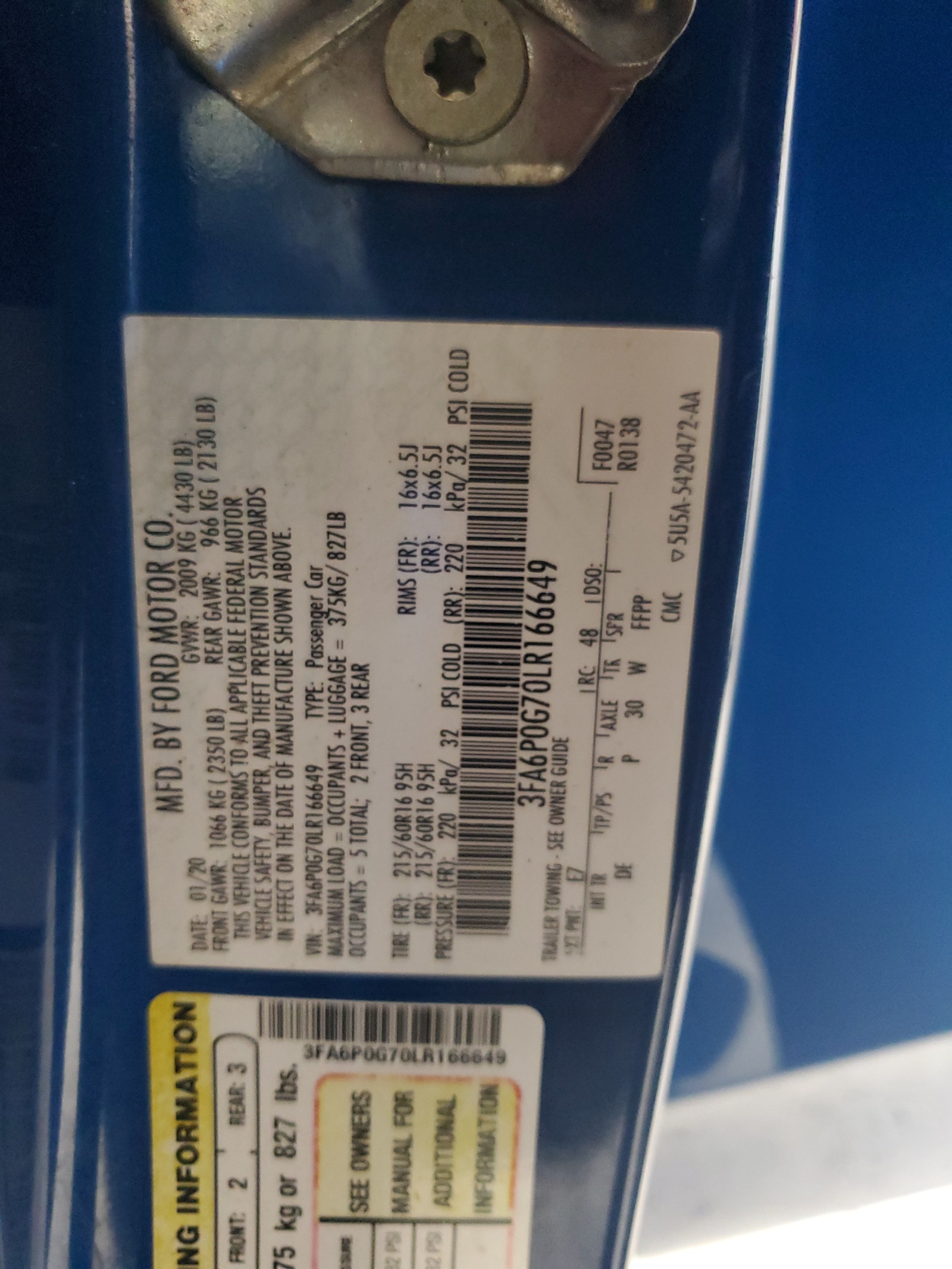 3FA6P0G70LR166649 2020 Ford Fusion S