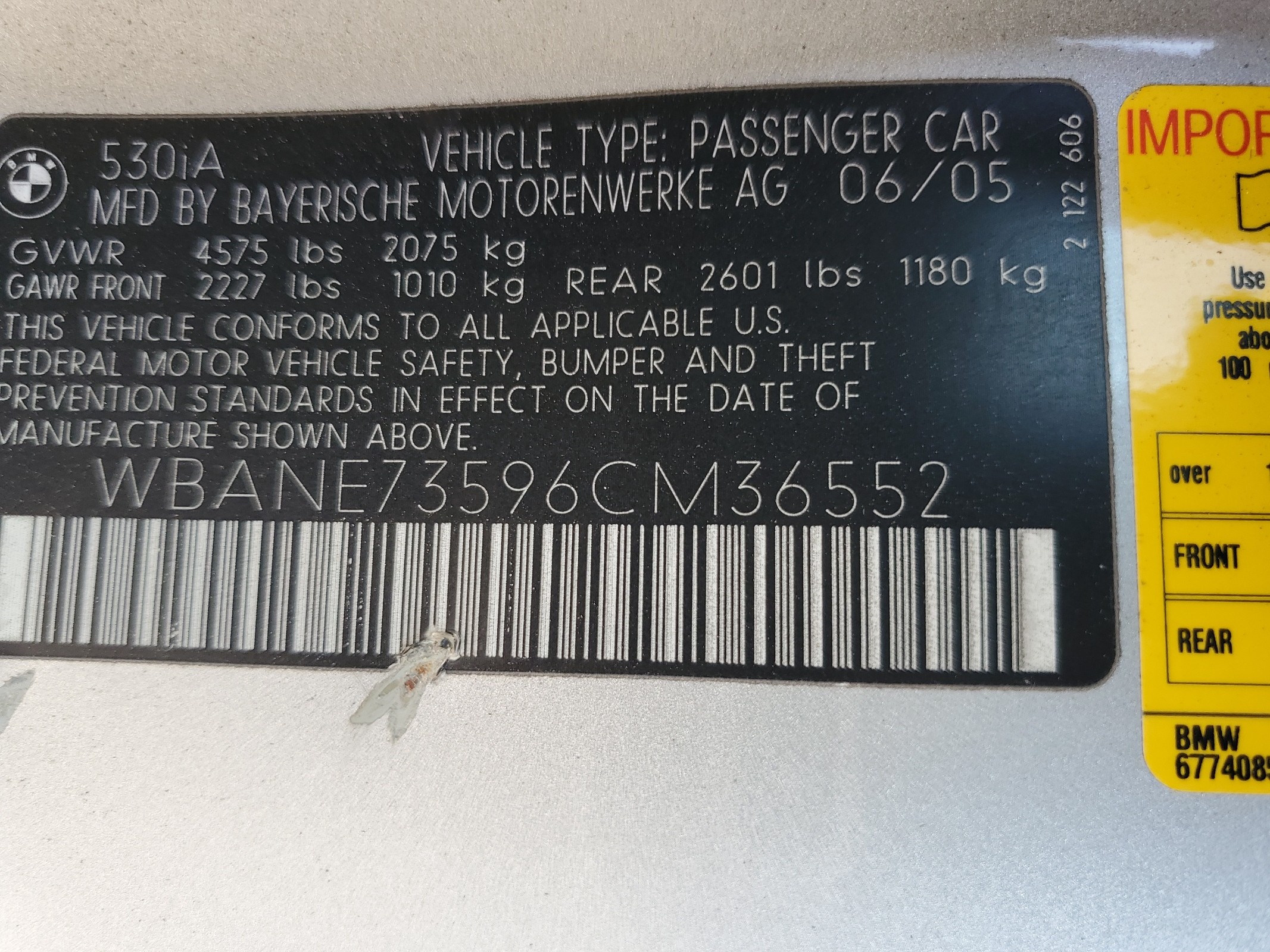 WBANE73596CM36552 2006 BMW 530 I