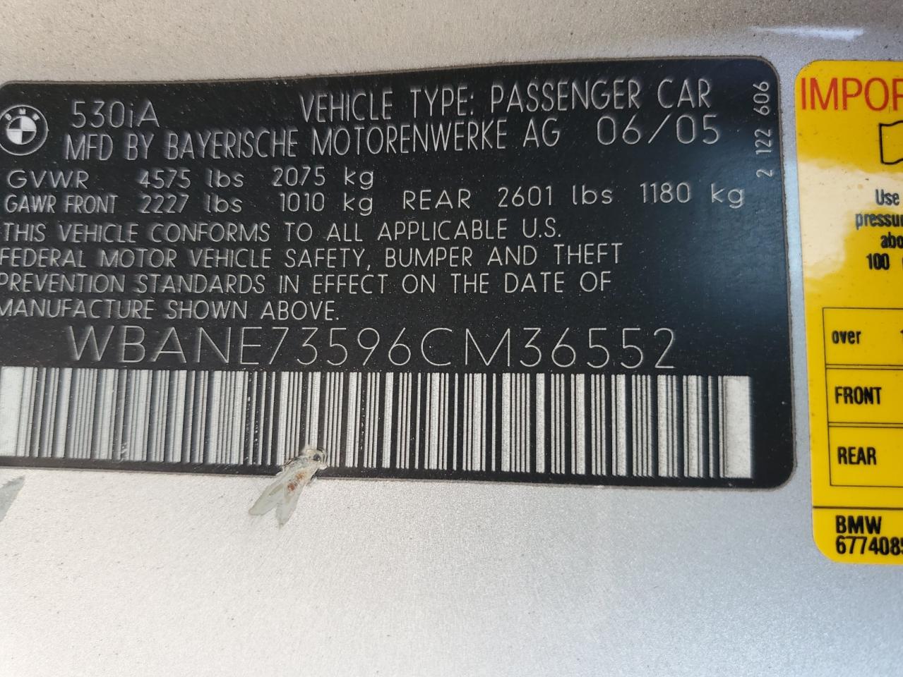 2006 BMW 530 I VIN: WBANE73596CM36552 Lot: 63956654