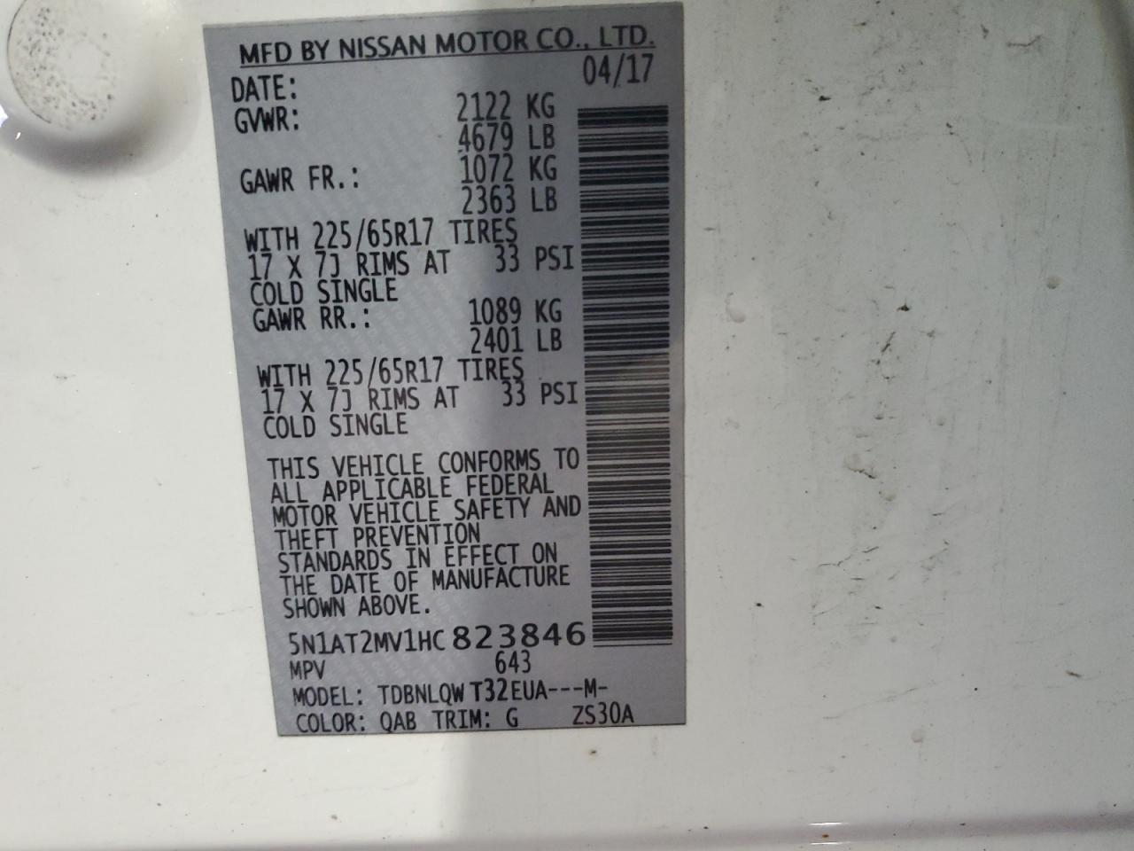 2017 Nissan Rogue Sv VIN: 5N1AT2MV1HC823846 Lot: 63178924