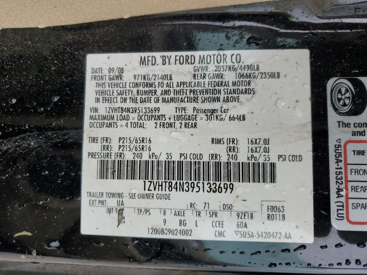 2009 Ford Mustang VIN: 1ZVHT84N395133699 Lot: 62850884