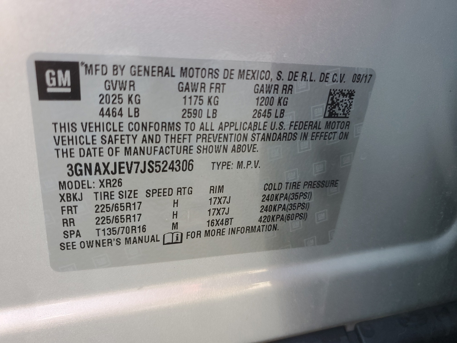 3GNAXJEV7JS524306 2018 Chevrolet Equinox Lt