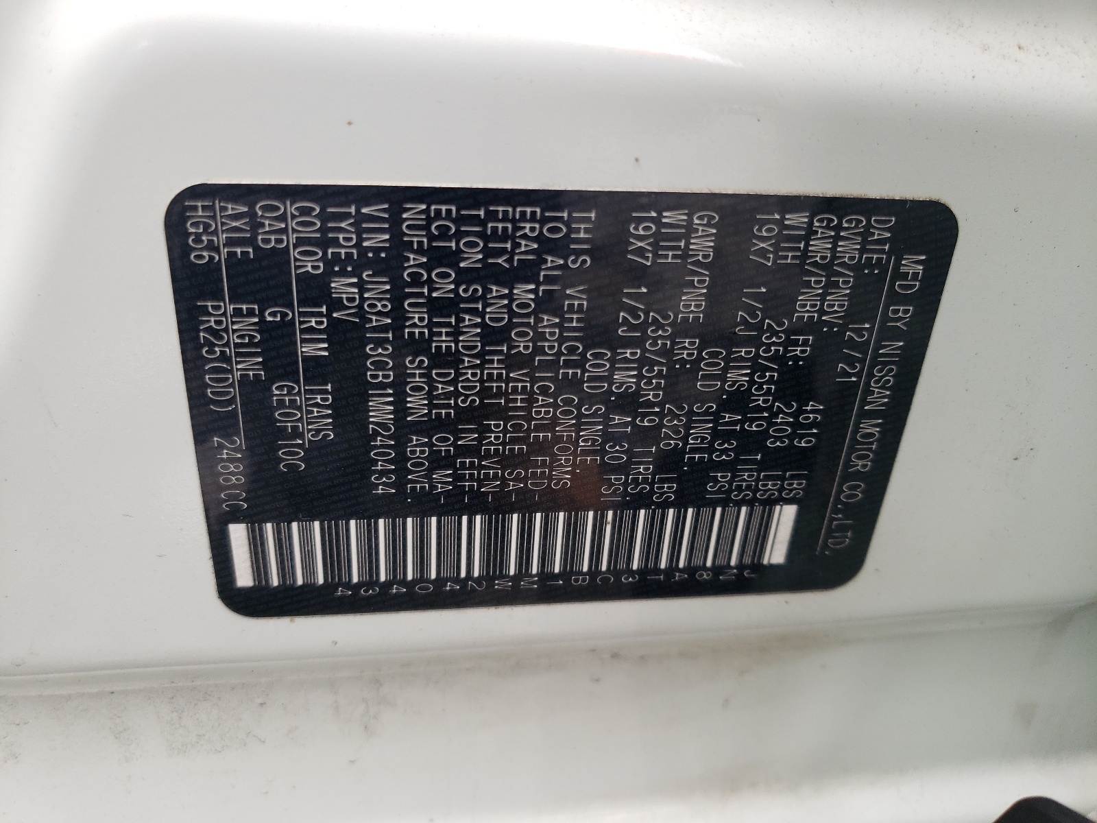 JN8AT3CB1MW240434 2021 Nissan Rogue Sl