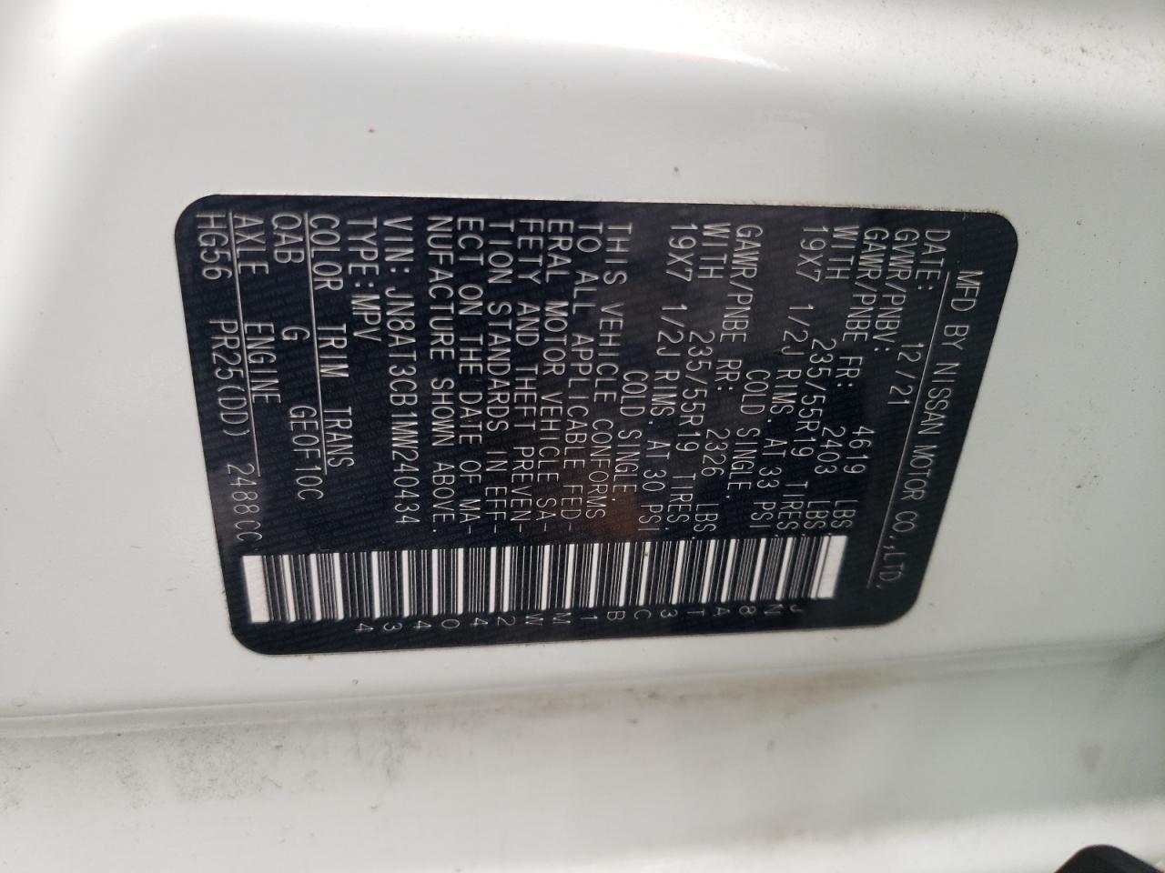 2021 Nissan Rogue Sl VIN: JN8AT3CB1MW240434 Lot: 63671084