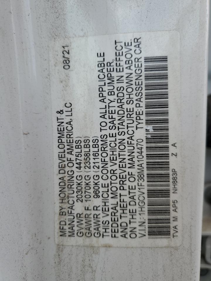 2021 Honda Accord Sport VIN: 1HGCV1F38MA104470 Lot: 64451074