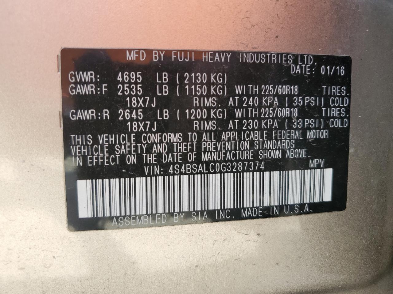 2016 Subaru Outback 2.5I Limited VIN: 4S4BSALC0G3287374 Lot: 62733174