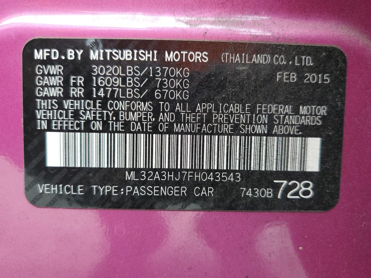 2015 Mitsubishi Mirage De VIN: ML32A3HJ7FH043543 Lot: 64719994