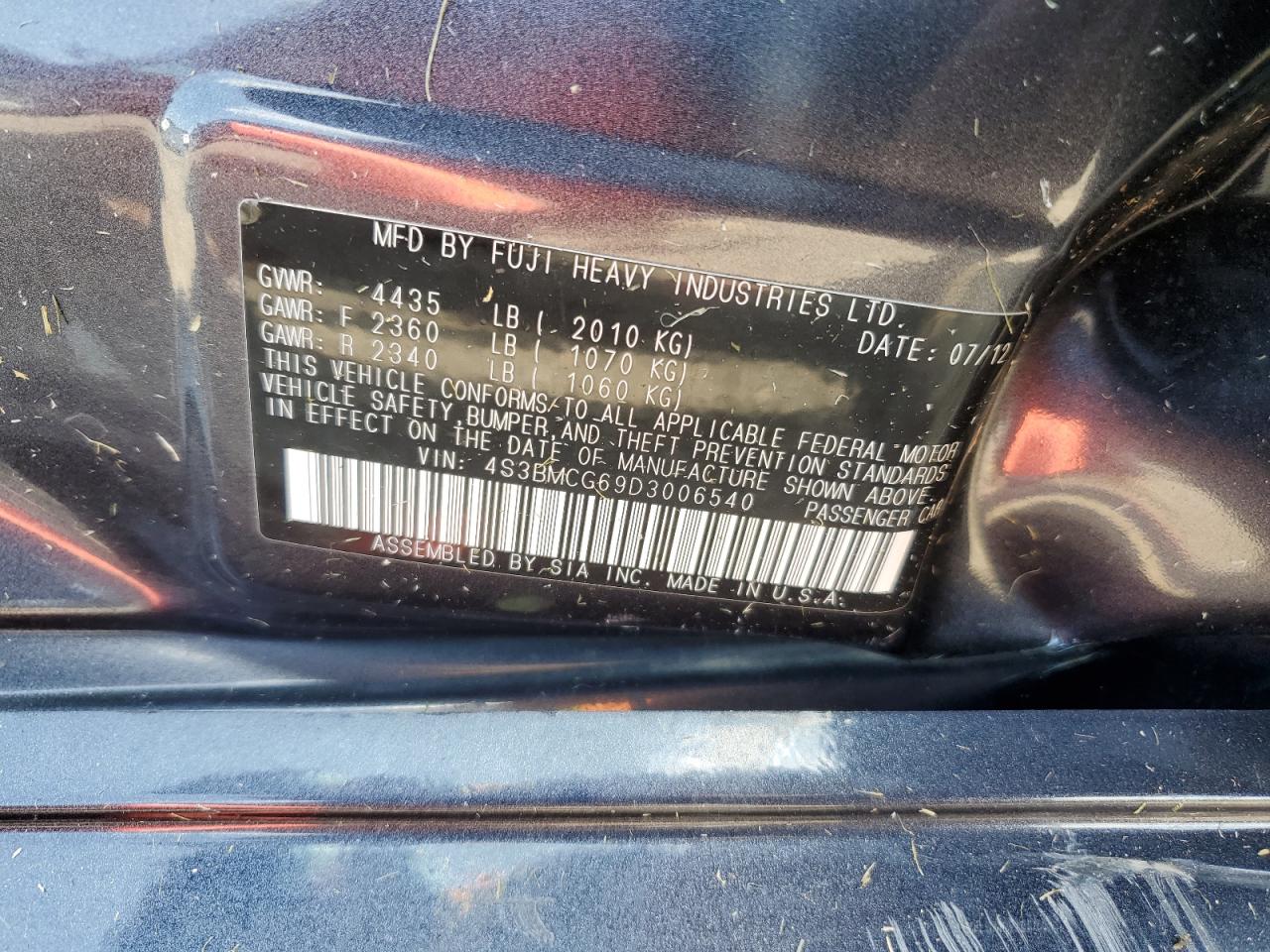 2013 Subaru Legacy 2.5I Premium VIN: 4S3BMCG69D3006540 Lot: 54713744