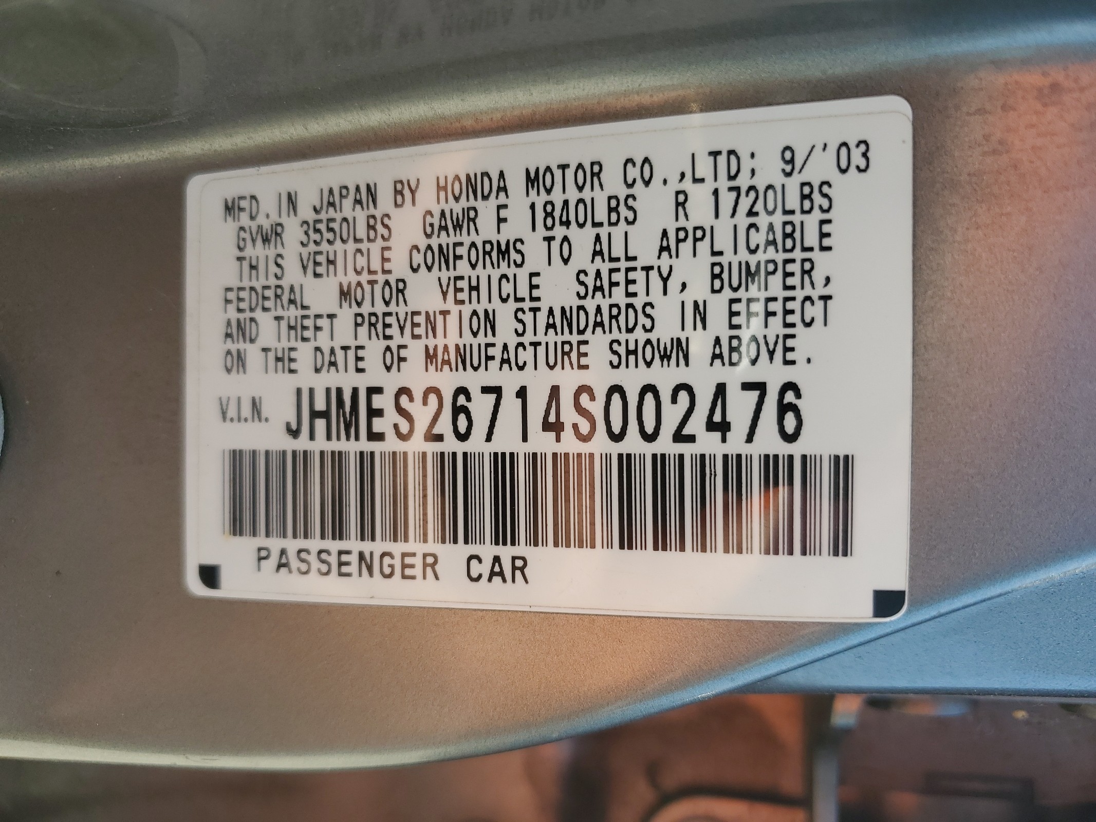 JHMES26714S002476 2004 Honda Civic Ex
