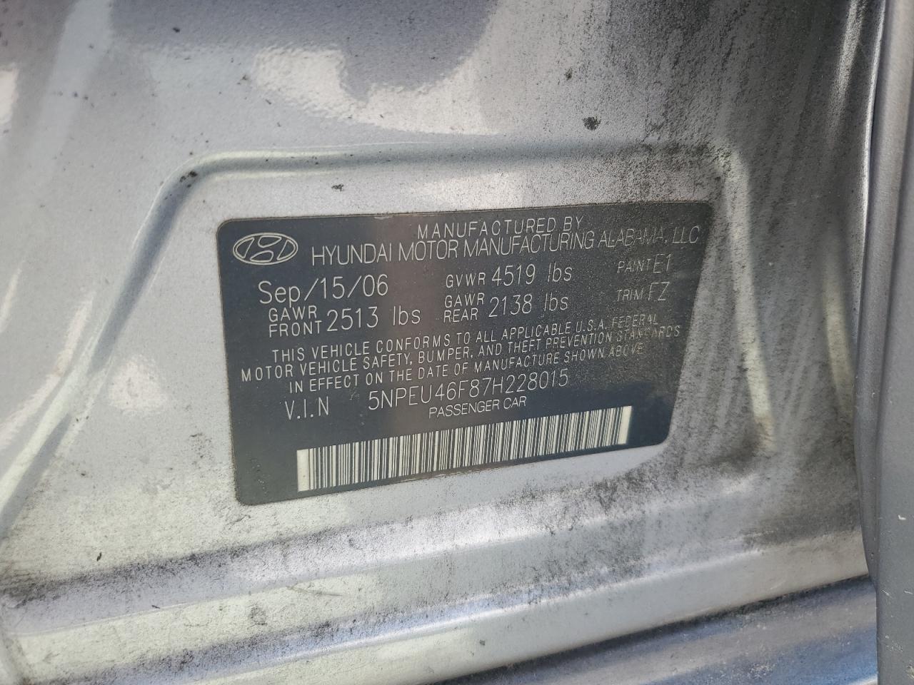 2007 Hyundai Sonata Se VIN: 5NPEU46F87H228015 Lot: 63254084