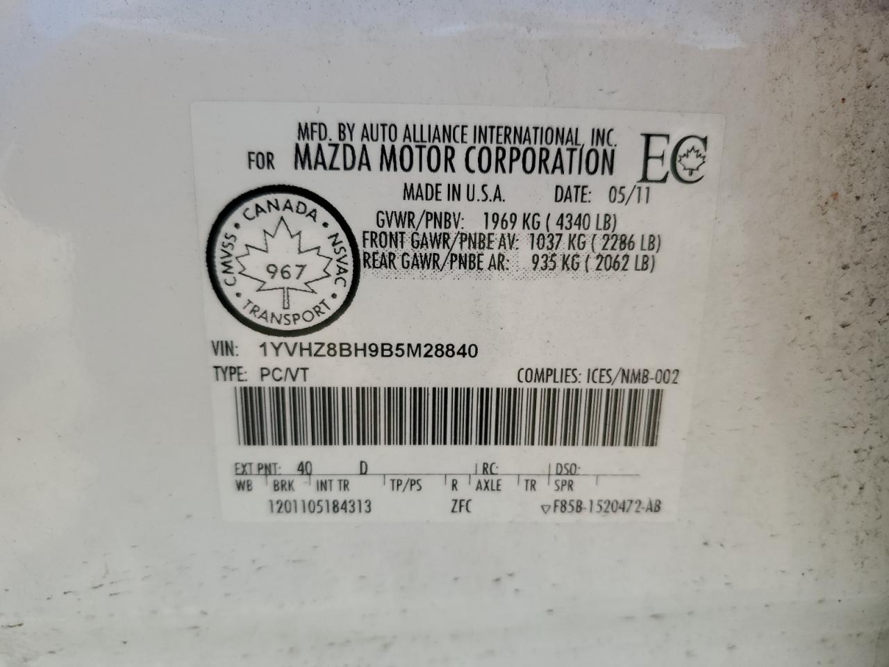 2011 Mazda 6 I VIN: 1YVHZ8BH9B5M28840 Lot: 61785865