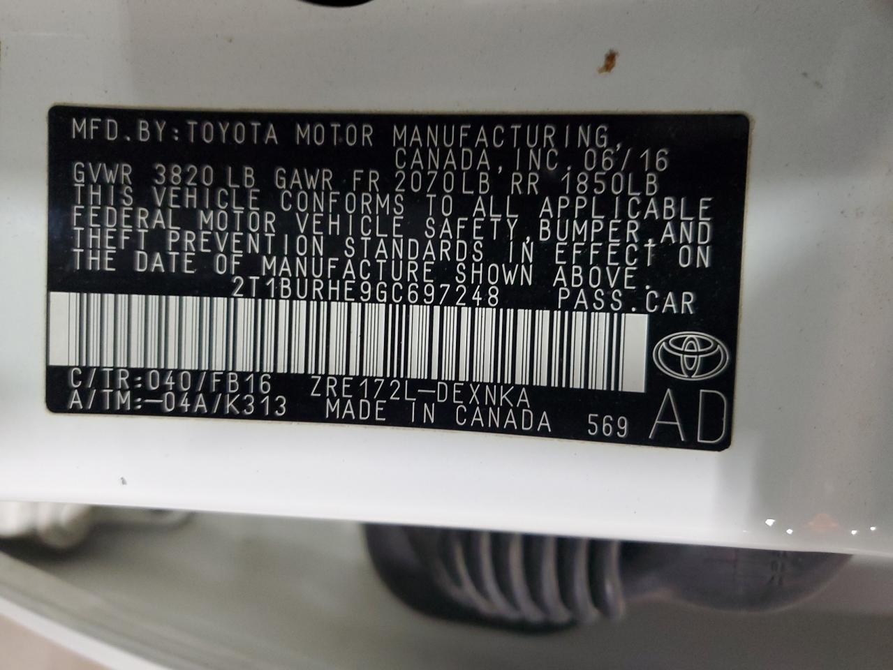 2T1BURHE9GC697248 2016 TOYOTA COROLLA - Image 12