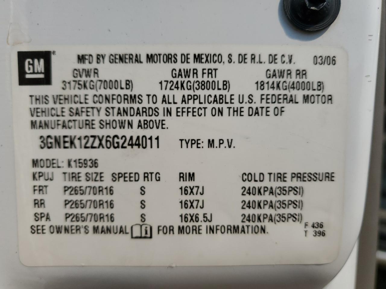 2006 Chevrolet Avalanche K1500 VIN: 3GNEK12ZX6G244011 Lot: 52112615