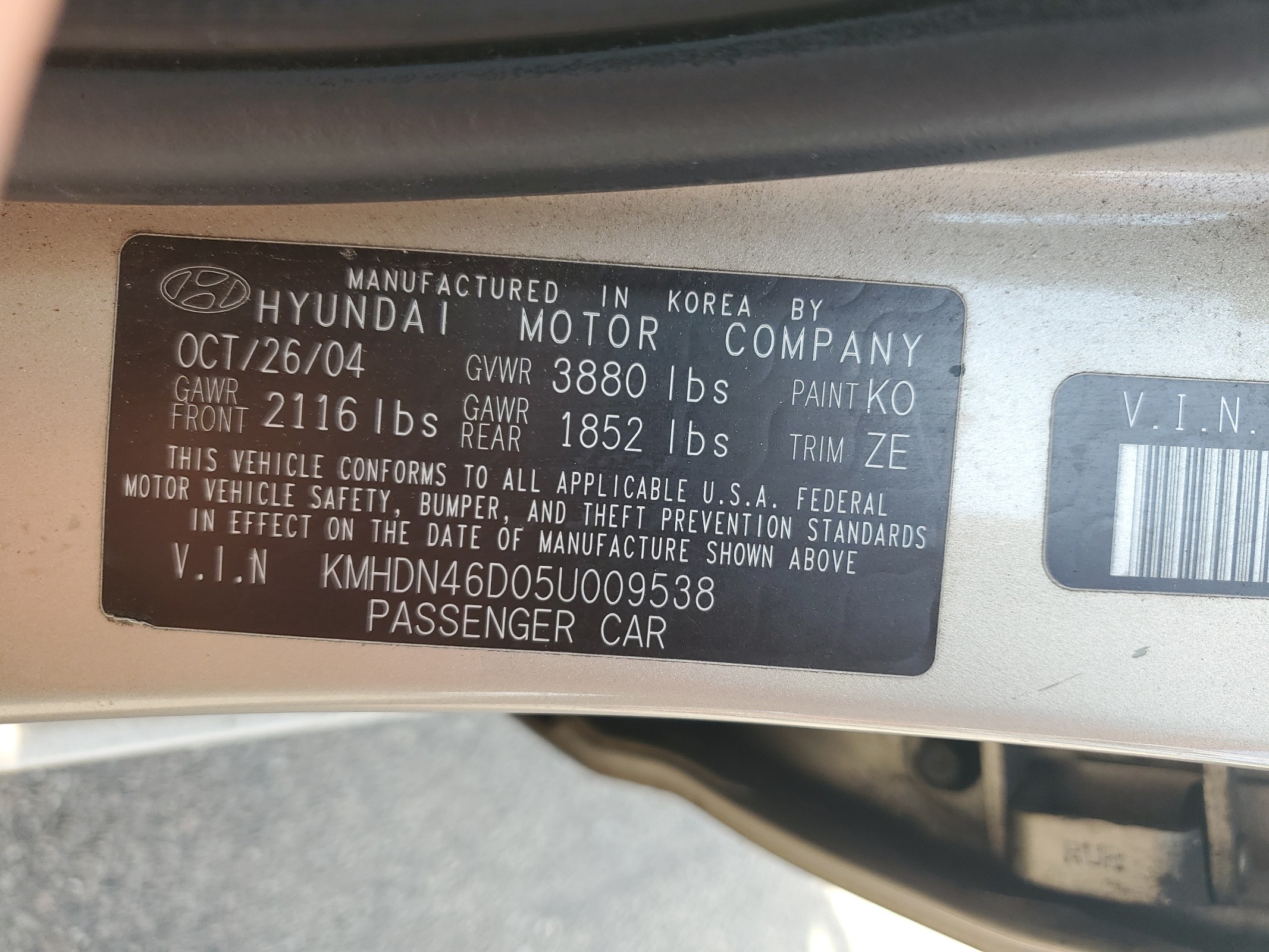KMHDN46D05U009538 2005 Hyundai Elantra Gls