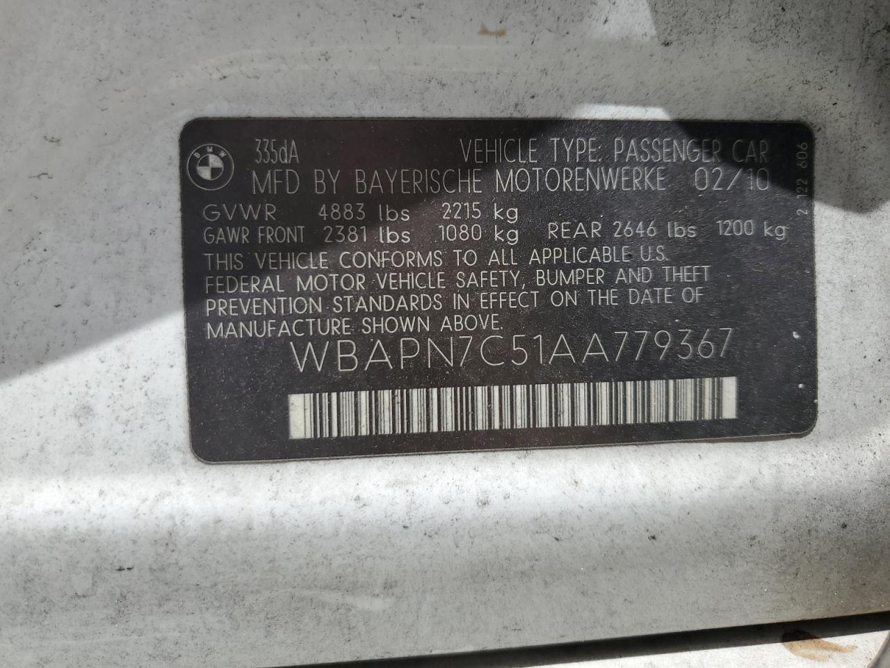 2010 BMW 335 D VIN: WBAPN7C51AA779367 Lot: 64590914