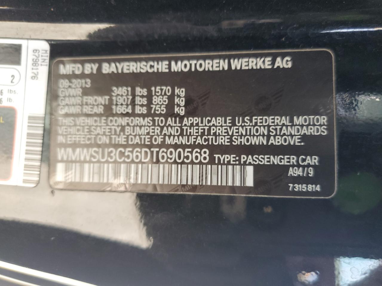 2013 Mini Cooper VIN: WMWSU3C56DT690568 Lot: 63791494