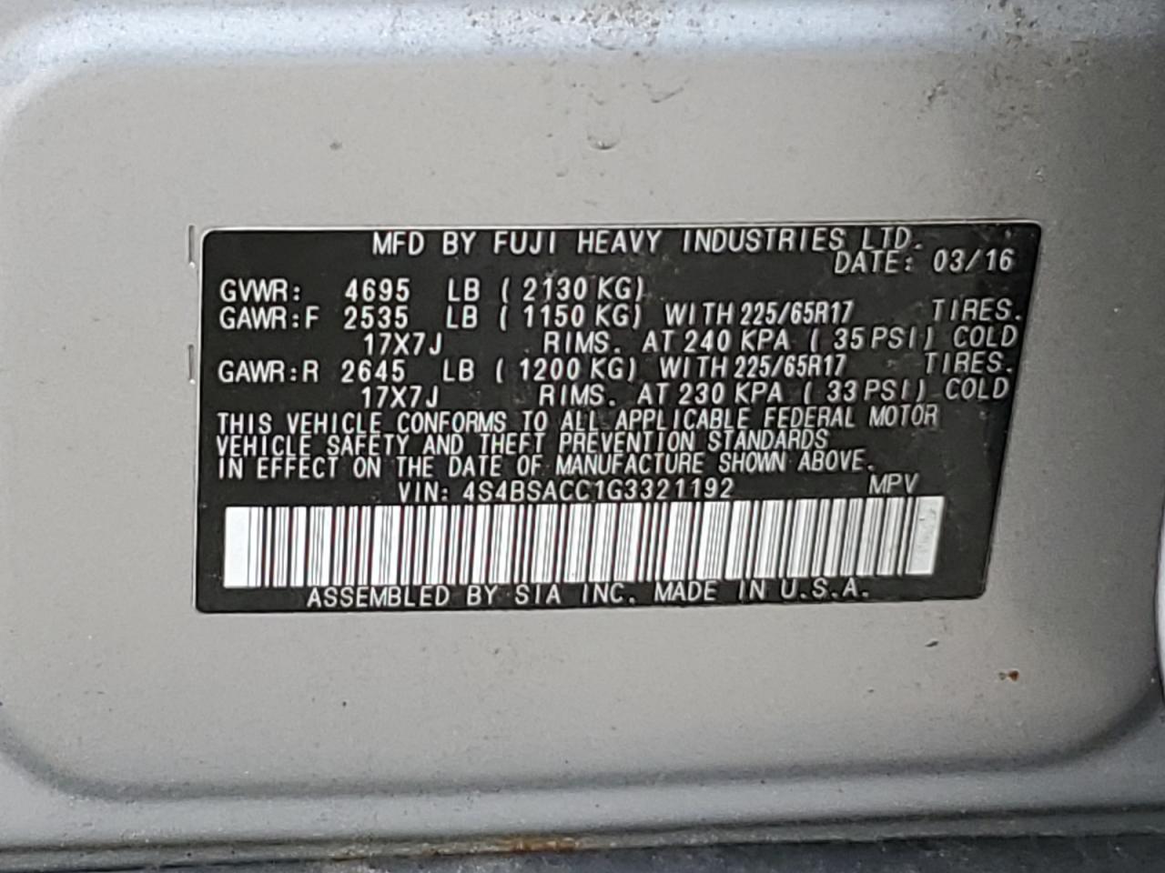 2016 Subaru Outback 2.5I Premium VIN: 4S4BSACC1G3321192 Lot: 64495204