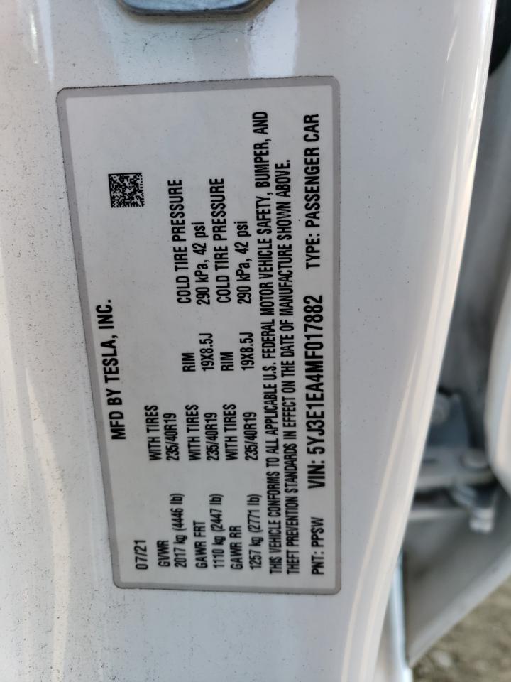 2021 Tesla Model 3 VIN: 5YJ3E1EA4MF017882 Lot: 62934424